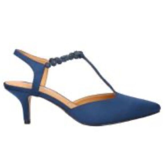 J. Renee NIMAH Navy Blue Sparkle Bead Pointed Toe T Strap Slingback Heels - Picture 4 of 16